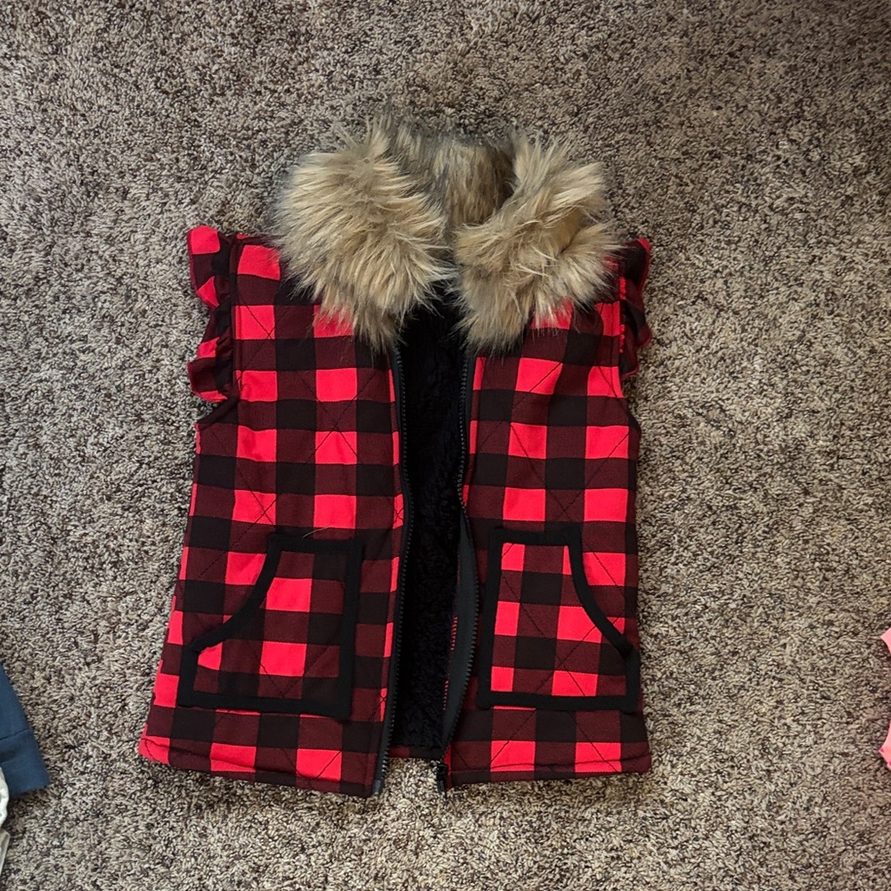 Red and Black Plaid Vest with Faux Fur Collar